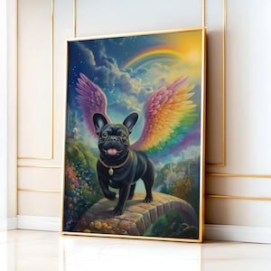 Bulldog francés negro cruzando el puente del arcoíris, bulldog francés negro con alas de ángel, obra de arte conmemorativa personalizada de bulldog francés negro.