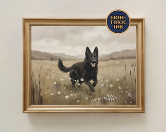 Happy Black German Shepherd Dog Running Through Daisy Field Painting Smiling Tongue Out Black GSD Farm Style Theme Wall Art Personalize Name