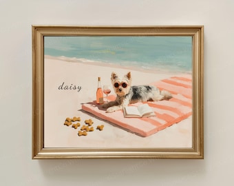 Funny Yorkie Drinking Wine At Beach Painting Black And Tan Yorkshire Terrier Dog Wall Art Yorkie Mom Gift Personalized Name Galentines BFF