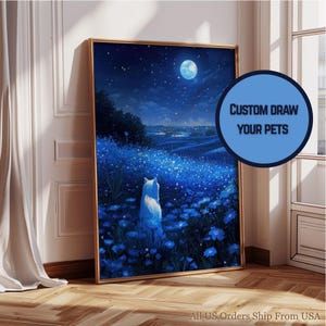 Custom Pet Artwork <3 // White Cat in Blue Wildflowers Field Watercolor Print, Kitten Under Full Moon Wall Art, Ragdoll Cat Memorial Drawing