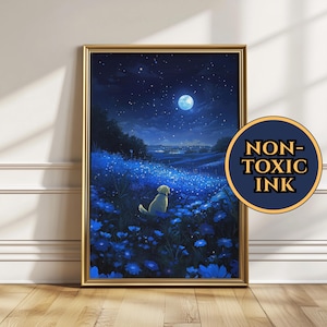 May include: A framed art print showing a night scene with a dog. A golden retriever sits in a field of blue flowers under a starry sky and a full moon. The artwork is framed in a gold-coloured frame. A circular sticker with the words "NON-TOXIC INK" is in the image.