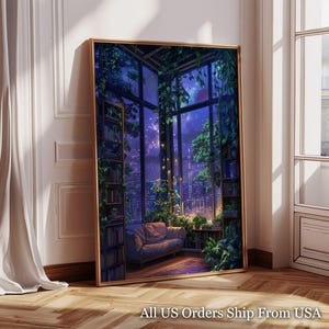 Cosy Lofi Home City Window View Print - Bibliotheekleeskamer in modern appartement met overwoekerde planten, paarse stadsgezicht muurkunst