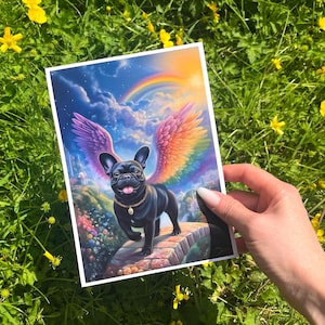 Schwarzer Frenchie überquert die Regenbogenbrücke, schwarze französische Bulldogge mit Engelsflügeln, personalisiertes schwarzes französisches Bulldogge-Gedenk-Kunstwerk-Geschenk