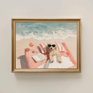 Sleeping Poodle By the Sea Wall Art, Light Apricot Goldendoodle Drinking Wine Painting, Cream Labradoodle, Beige Cavapoo, Tan Cockapoo Dog