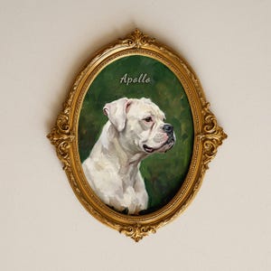 ホワイトボクサー犬の肖像画壁掛けアート、円形・楕円形のゴールドフレーム用、クリームホワイトのジャーマン・ドイッチャー・ボクサー犬ギフト、名前入り