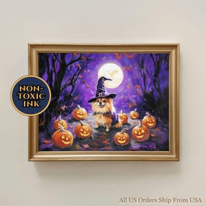 May include: A framed Halloween artwork depicting a Pomeranian dog in a witch's hat and cloak, with carved pumpkins and a full moon. The artwork is in a gold frame and has the text "NON-TOXIC INK".