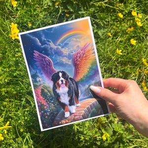 Bernese Mountain Dog Crossing The Rainbow Bridge Wall Art, Bernese Mountain Dog With Angel Wings, Bernese Mountain Dog Memorial Artwork