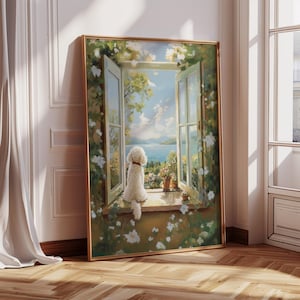 Barboncino al mare, opera d'arte commemorativa personalizzata con barboncino bianco, barboncino crema seduto alla finestra con vista mare, regalo per la perdita di un barboncino