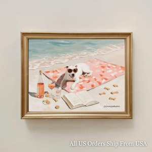 ビーチでワインを飲む面白い白いピットブルの絵画アメリカンスタッフォードシャーブルテリアボクサー犬の壁アートホワイトピットブルギフトパーソナライズされた名前