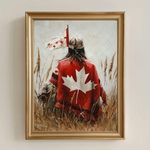 May include: A framed painting depicts a person in a red cape with a large white maple leaf, facing away. The person stands in tall grass, holding a Canadian flag. The artwork is in a gold frame.