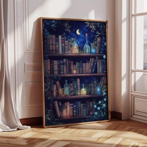 Estantería botánica de medianoche <3 // Impresión de arte mural de biblioteca de la Noche Celestial, póster de Pociones Encantadas, regalo para amantes de los libros, decoración de biblioteca para el hogar