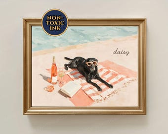 Black Lab Drink Wine Funny Wall Art Female Black Labrador Retriever Dog Beach Painting Girly Bookish Gift Personalized Name Galentines BFF