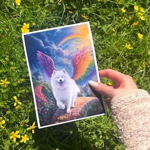 Samoyed Crossing The Rainbow Bridge Wall Art, Samoyed Dog With Angel Wings Print, Personalized Samoyed Memorial Artwork Gift
