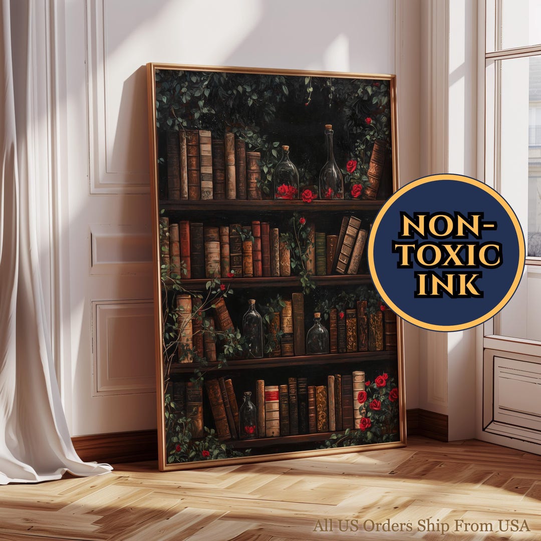 Roses Bookshelf Wall Art - Bookish Dark Academia Prints, Romantic ...