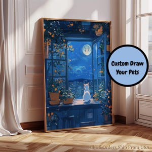 Könnte beinhalten: Ein gerahmter Kunstdruck zeigt eine weiße Katze, die aus einem Fenster auf einen Vollmond und Stadtlichter blickt. Das Fenster ist von Topfpflanzen mit orangefarbenen Blüten umgeben. Der Text "Custom Draw Your Pets" befindet sich in einem blauen Kreis.