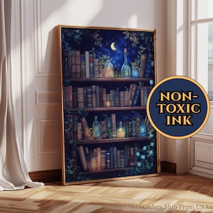 Middernacht botanische boekenplank hemelse nacht bibliotheek Wall Art Print betoverd drankje poster boek minnaar cadeau voor boekenmeisje Home bibliotheek decor