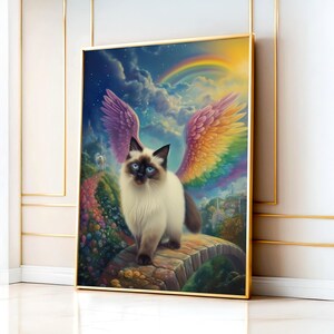 Robbenpunkt Ragdoll Katze überquert die Regenbogenbrücke Wandkunst, Robbenpunkt Ragdoll Katze mit Engelsflügeln, Robbenpunkt Ragdoll-Gedenkkunstwerk