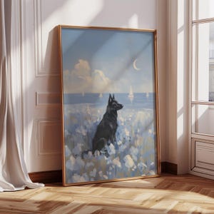 May include: A framed art print featuring a black dog sitting in a field of blue and white flowers, overlooking a seascape with sailboats under a crescent moon. The artwork has a gold frame and a serene, painterly style.