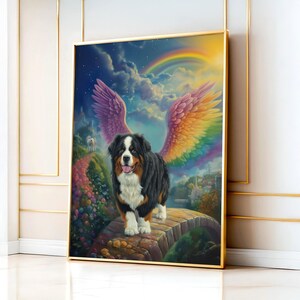 Berner Sennenhund überquert die Regenbogenbrücke Wandkunst, Berner Sennenhund mit Engelsflügeln, Berner Sennenhund Gedenkzeichnung