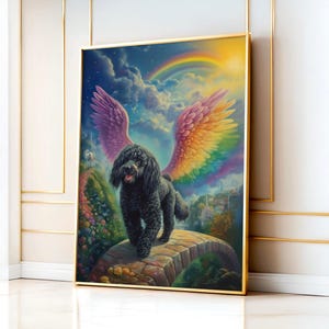 Schwarzer Pudel, der die Regenbogenbrücke überquert Wandkunst, schwarzer Labradoodle mit Engelsflügeln Druck, schwarzer Zwergpudel-Gedenk-Kunstwerk-Geschenk