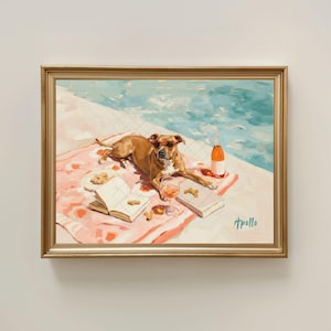 Tan Pitbull With White Chest Patch Wall Art Sand Fawn Pittie Print American Staffordshire Pit Bull Terrier Dog Drink Wine By Pool Painting