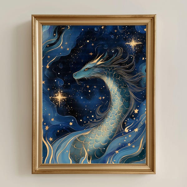 The StarDust Dragon <3 Mythical Ocean Dragon Wall Art Deep Sea Serpent Elegant Gold Stars Poster Nautical Fantasy Decor in Navy and Indigo
