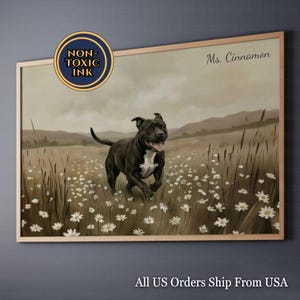 Zwarte Pitbull rennen schilderij vintage rustiek gelukkig zwart Staffy American Staffordshire Pit Bull Terrier hond met witte borst patch kunst aan de muur