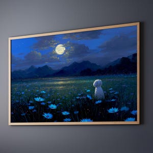 Cane bianco in un campo di fiori blu - Opera commemorativa di un Bichon Frise, Dipinto di un barboncino nano color crema, Opera d'arte di un barboncino toy bianco, Regalo di un Maltipoo color crema