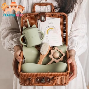 Ensemble de petits jouets de cuisine en bois pour bébé, alimentation du nourrisson, vaisselle, coffret cadeaux, carte d'étape mensuelle pour bébé, boîte de naissance vintage, cadeau de naissance
