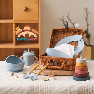 Ensemble de petits jouets de cuisine en bois pour bébé, alimentation du nourrisson, vaisselle, coffret cadeaux, carte d'étape mensuelle pour bébé, boîte de naissance vintage, cadeau de naissance