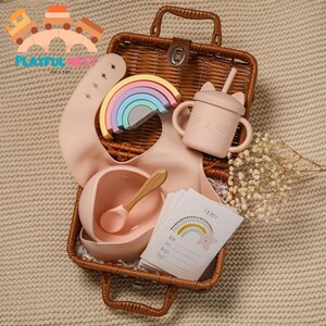 Ensemble de petits jouets de cuisine en bois pour bébé, alimentation du nourrisson, vaisselle, coffret cadeaux, carte d'étape mensuelle pour bébé, boîte de naissance vintage, cadeau de naissance
