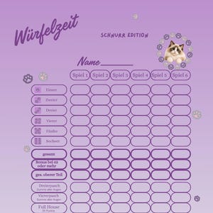 Puede incluir: Una hoja de puntuación morada para un juego de dados titulada Würfelzeit Schnurr Edition. La hoja presenta una ilustración de un gato, gráficos de huellas de patas y una cuadrícula para registrar puntuaciones en seis juegos, incluyendo secciones de Einser a Sechser.