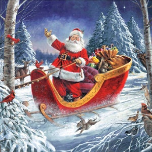 Christmas Parade Fabric Panel 36&quot; x 44&quot;, Santa and Sleigh fabric panel, Forest Panel