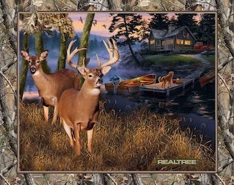 Realtree Deer 36" x 44", Deer Motorboat, Red Canoe, Red Truck, Log Cabin, Realtree Fabric Panel