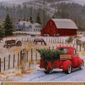 May include: A red pickup truck with a Christmas tree in the back, driving down a snowy road past a red barn and a white farmhouse. There are cows and horses in the field.