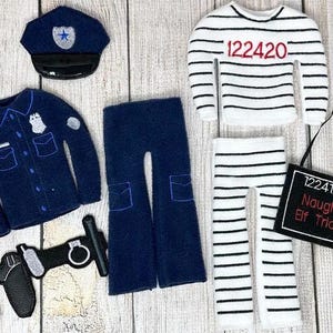 Police and Prisoner Elf Costumes, Naughty Elf Tricks, Doll Clothing, Christmas Elf, Elf Props