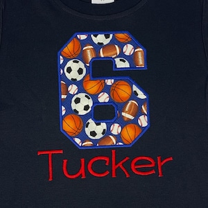 Sports Birthday Shirt - Basketball Volleyball Football Baseball Shirt - Six Birthday - Boys Birthday Shirt - Black Red Royal Blue