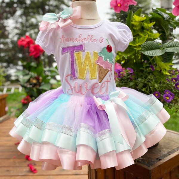 TWEE tutu-set zoete verjaardag, verjaardagsshirt 2e ijshoorntje bijpassende haarstrik, ELKE LEEFTIJD, verjaardagsshirt elke maat