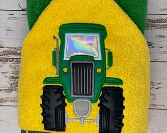 Green Tractor Hooded Bath Towel,  Free Personalization Tractor Embroidered Hooded Beach Towel, Children's Hooded Towel