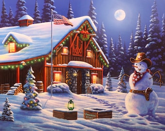 Cowboy Christmas 36"x44", Log Cabin Christmas fabric panel, Quilting cotton fabric panel