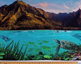 Turtle Fabric Panel 29" x 44", Mountain Island Turtle Ocean Sea Fish, Quilting Cotton Fabric Panel