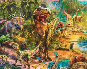 Roaring Dinosaur Fabric Panel 35&quot; x44&quot;, Dinosaur Gathering, Dinosaur Cotton Fabric