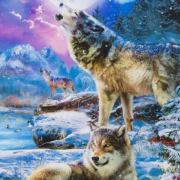 Wolf Stoffpanel, 60x100 cm, Wölfe, die unter Vollmond heulen, Aurora Borealis Wölfe, Wolf Quilt, Wolf Wandbehang, Baumwollstoff, Stoff