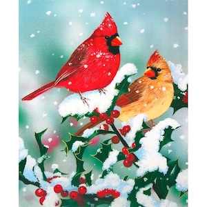 Winter Companions Fabric Panel 36&quot;x44&quot;, Cardinal Branch AL-3546 Fabric Panel by David Textiles
