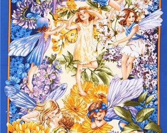 RARE Dawn Till Dusk Flower Fairies Cotton Quilt Fabric Panel by Michael Miller 23" x 43" Discontinued Fabric
