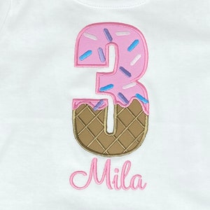 Eiscreme Geburtstagsshirt, 3. Geburtstagsshirt, JEDE Beliebige Größe, Eistüte bestickt