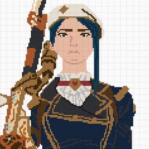 Puede incluir: Una ilustración de arte de píxeles de una mujer con cabello azul que lleva un sombrero blanco y una chaqueta azul y marrón. Ella sostiene un arma marrón y dorada.