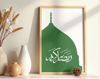 Poster mit arabischer Kalligrafie – Ramadan Kareem – Grüne Kuppel von Medina – Islamische Kunst – Wanddekoration – Digitaler Download