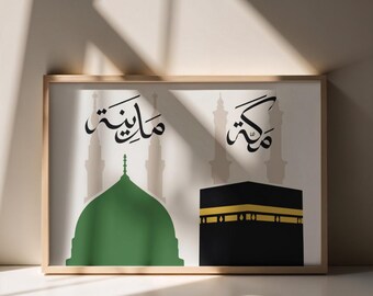 Poster mit arabischer Kalligrafie – Mekka & Medina – Islamische Kunst – Querformat – Wanddekoration – Digitaler Download