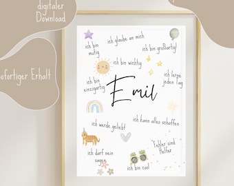 May include: A printable wall art print with a white background and colorful illustrations. The print features the name "Emil" in large, bold letters and includes phrases like "I am unique", "I am loved", and "I can do anything".